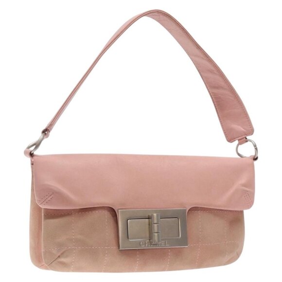 CHANEL Choco Bar Shoulder Bag Suede Pink Silver CC Auth 132385 - Picture 1 of 16